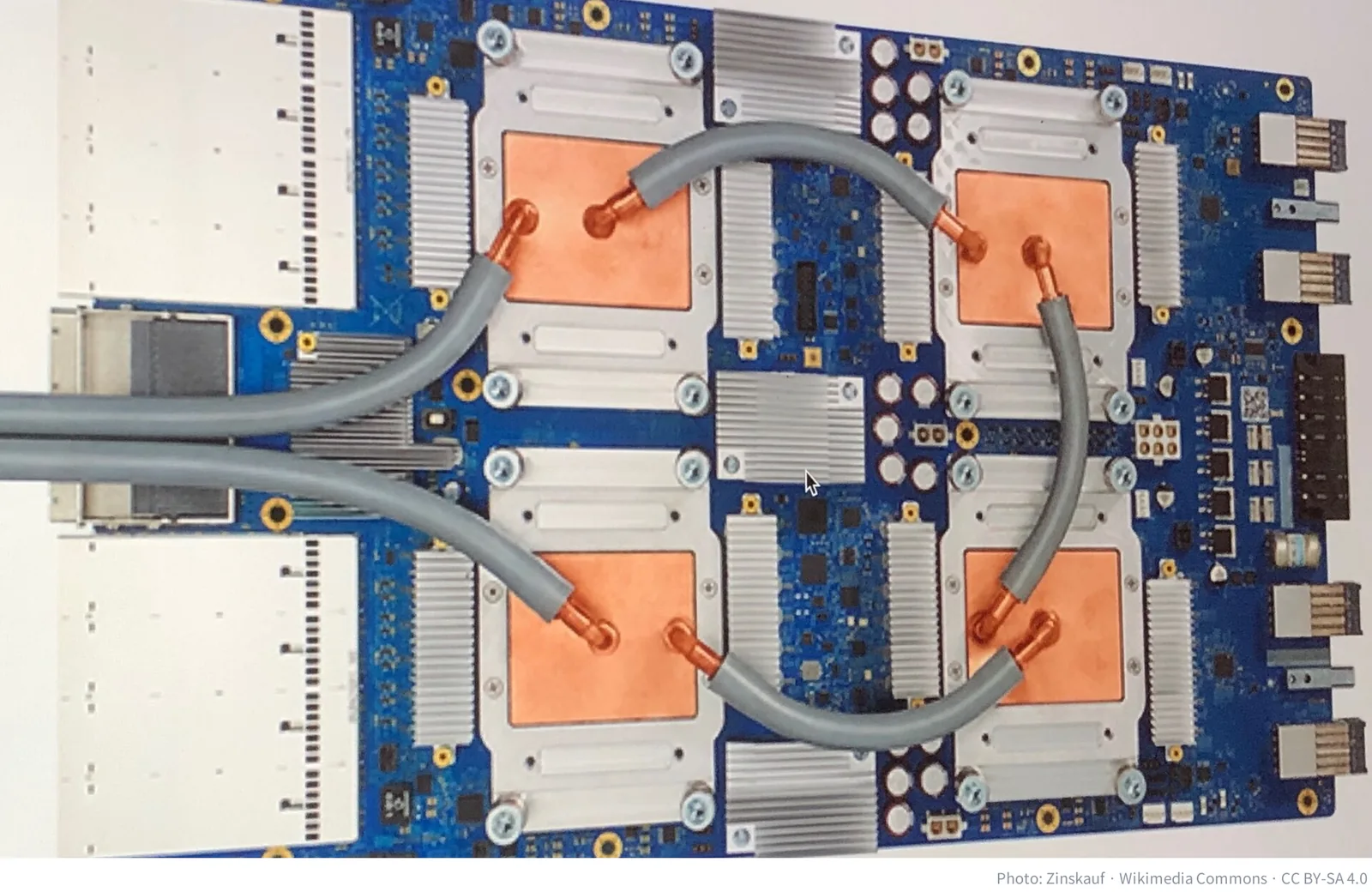 A Google Tensor Processing Unit 3.0 board with liquid cooling