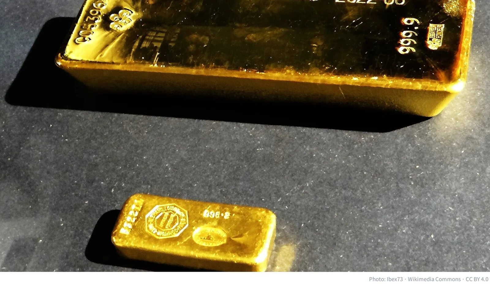 Gold ingot and bar on display at the Banque de France in Paris