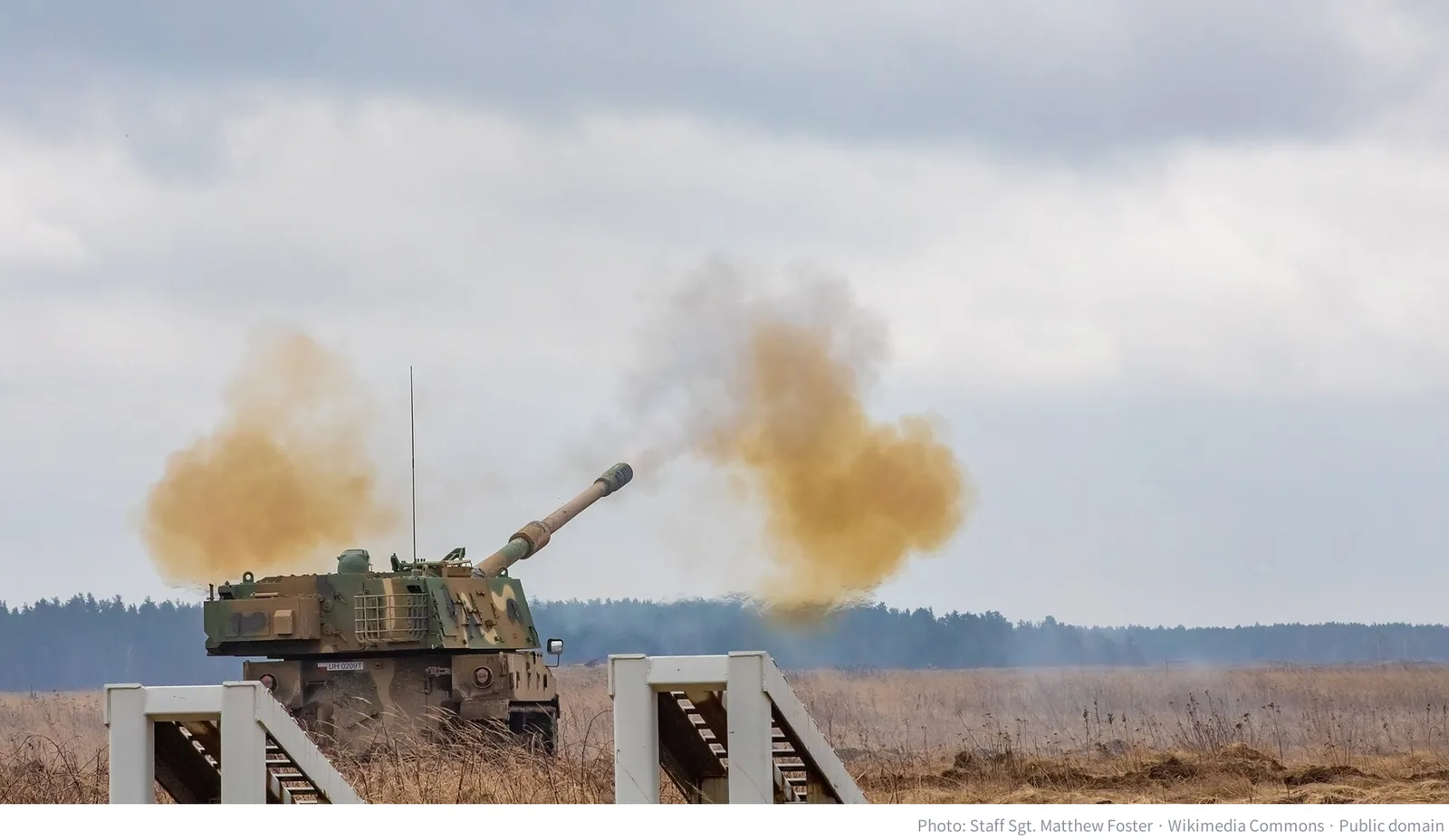 A K9 self-propelled howitzer, made by Hanwha Aerospace, firing during a live-fire demonstration