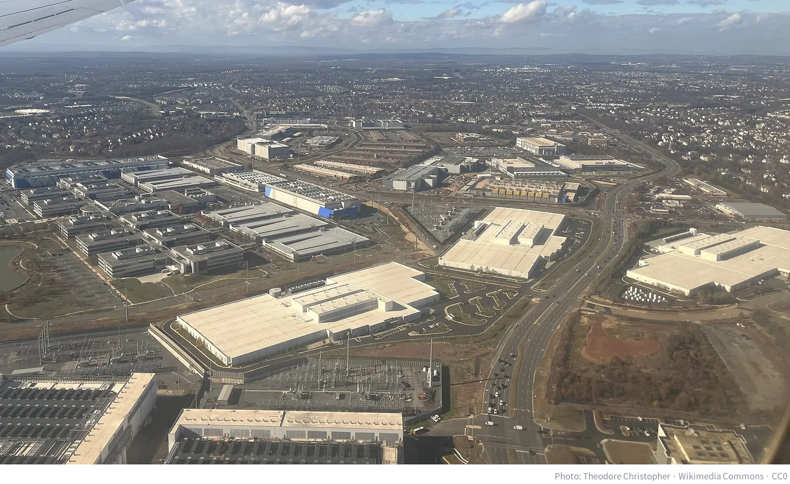 Aerial view of data centers near Ashburn, Virginia