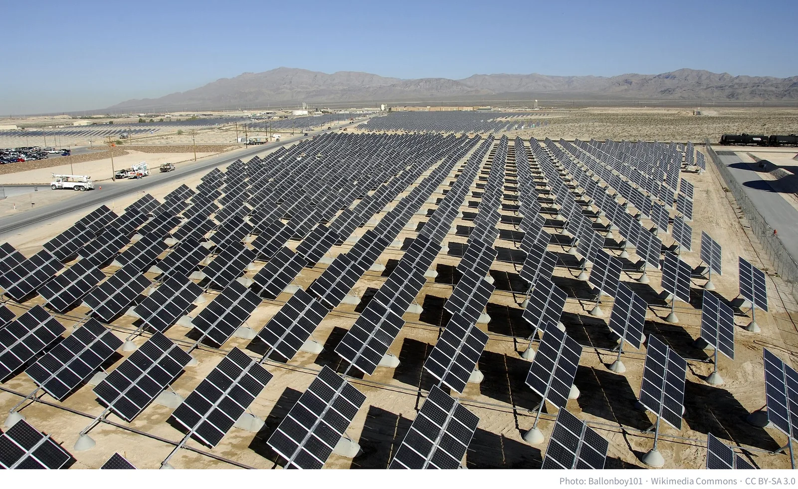 Rows of solar panels at the Nellis solar power plant in Nevada