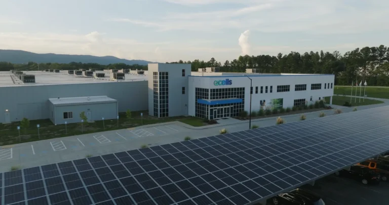 Qcells solar module manufacturing plant in Dalton, Georgia, with a solar carport in front