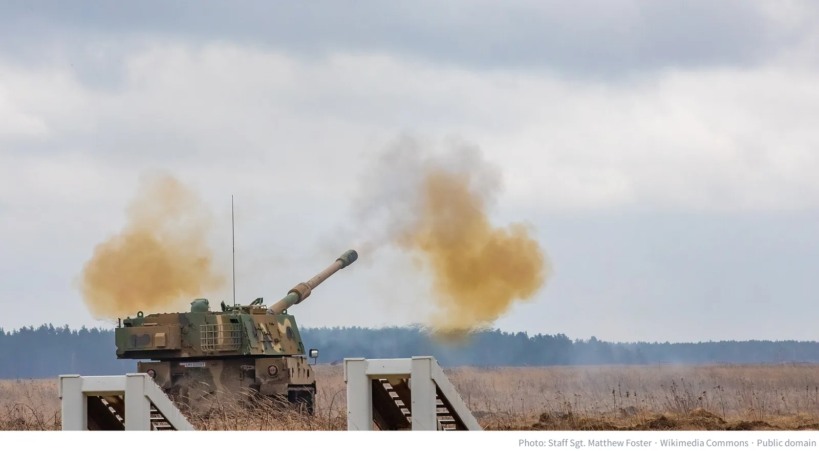 Polish K9 self-propelled howitzer firing during a live-fire demonstration in Bemowo Piskie, Poland