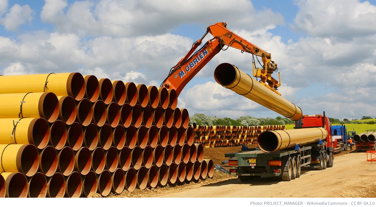 Welded steel pipes for a gas pipeline under construction in Gloucestershire, England