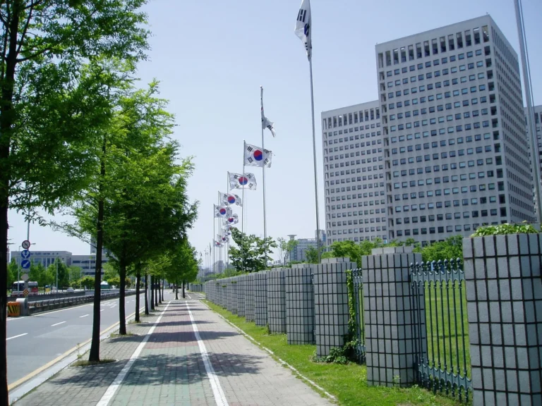 Government complex towers with South Korean flags lining the street