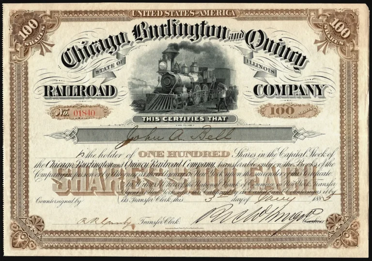 1885 Chicago, Burlington and Quincy Railroad Company share certificate for 100 shares of $100 each