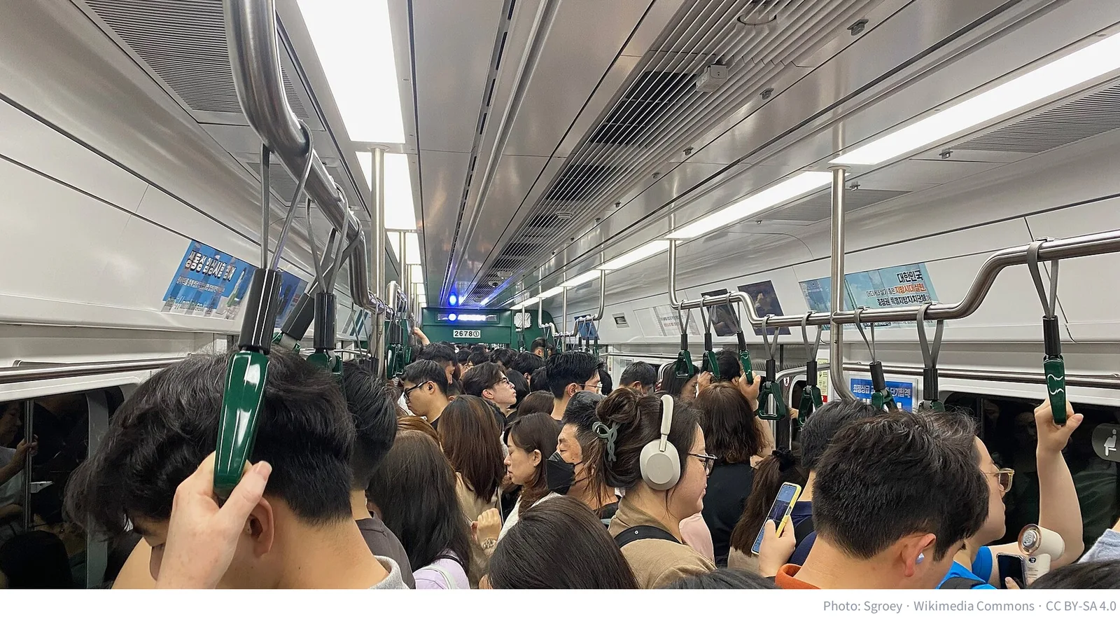 Crowded Seoul subway car at rush hour