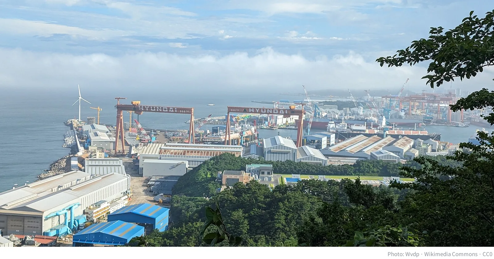 Hyundai Heavy Industries shipyard in Ulsan with gantry cranes