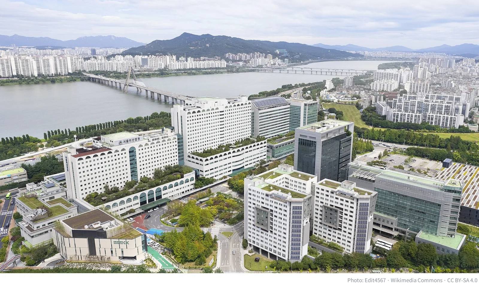 Aerial view of Asan Medical Center in Seoul beside the Han River