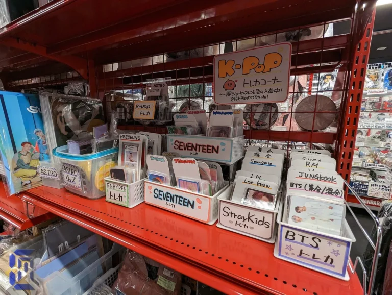 K-pop photocard corner in a Japanese store with SEVENTEEN, Stray Kids and BTS cards