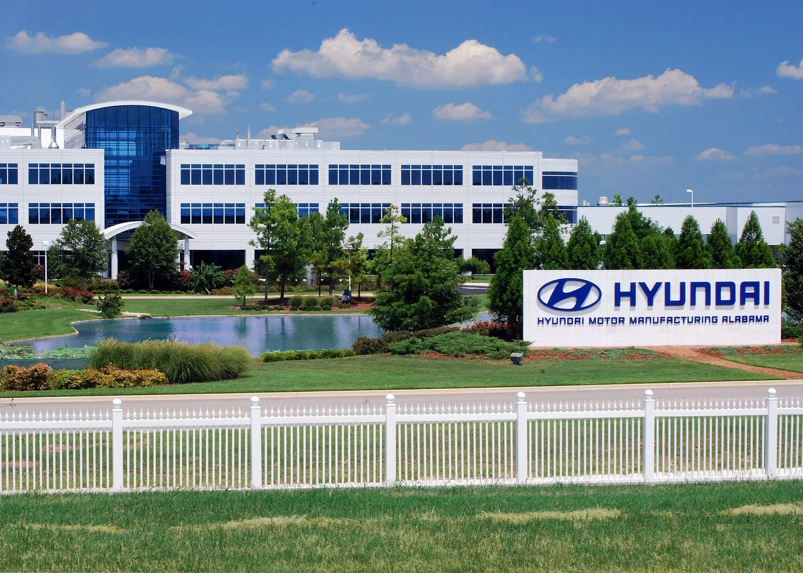 Hyundai Motor Manufacturing Alabama plant in Montgomery with the large Hyundai sign on the front lawn.