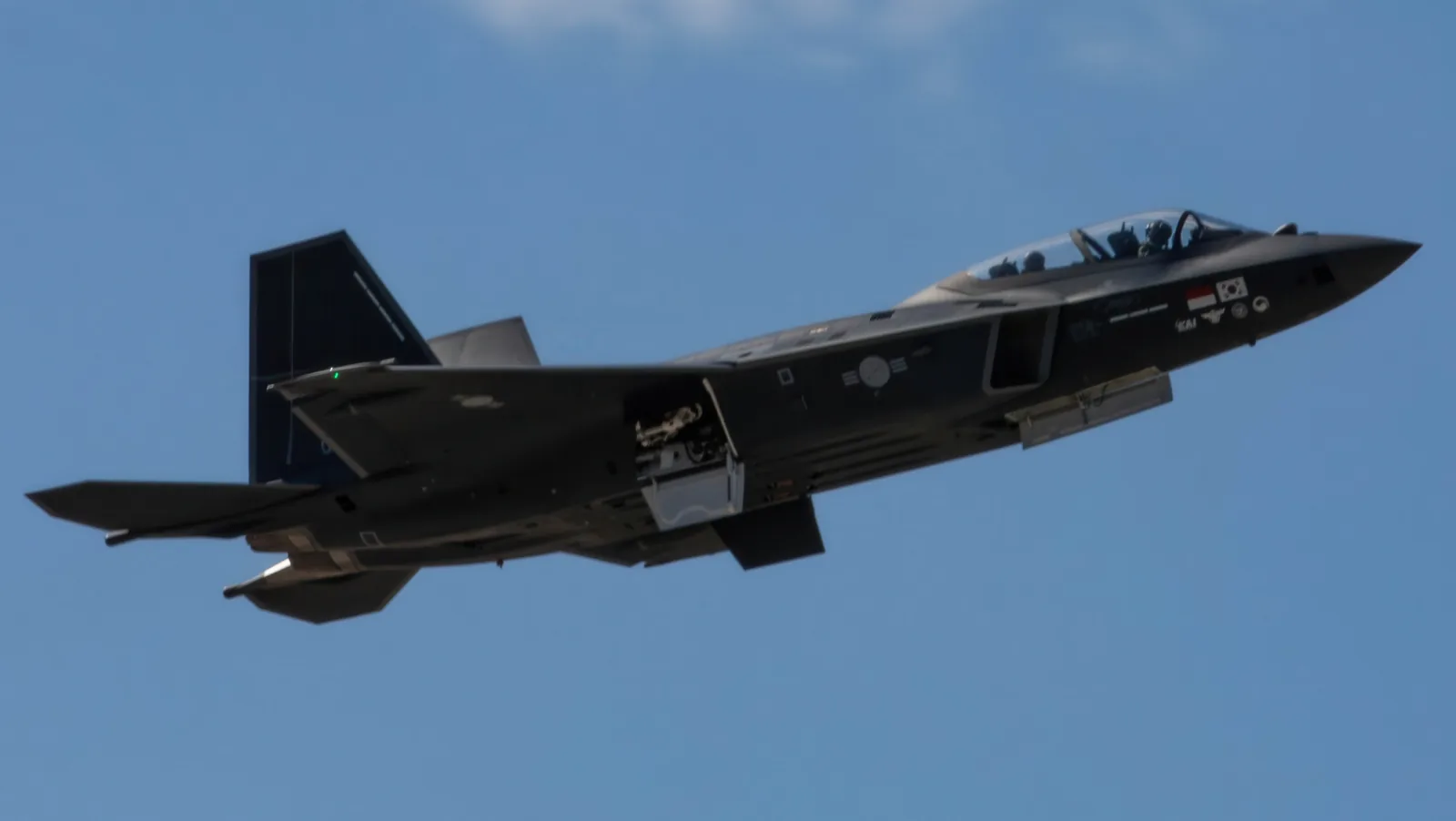 KF-21 Boramae fighter jet developed by Korea Aerospace Industries in flight at the Seoul ADEX air show in 2023.