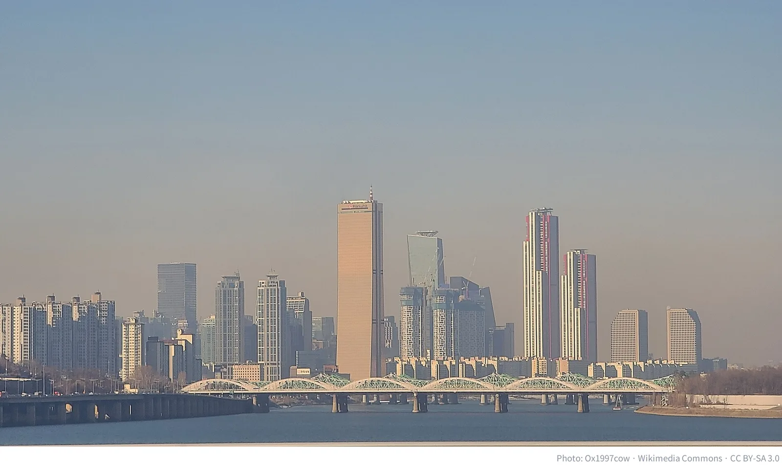 Yeouido financial district skyline in Seoul seen from Dongjak Bridge