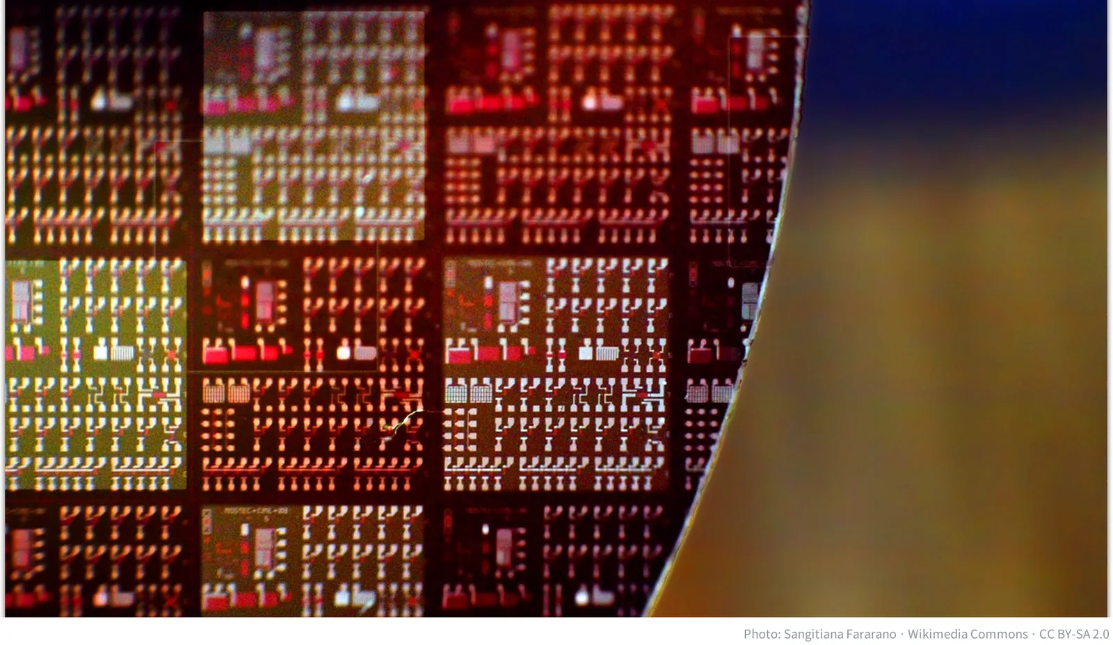 Close-up of a semiconductor wafer with chip dies