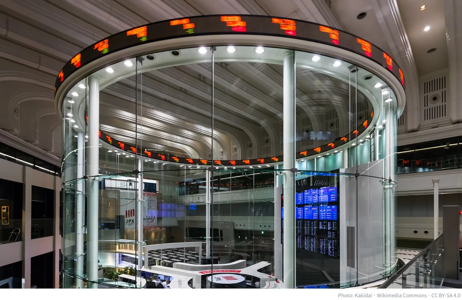 Ticker ring in the trading hall of the Tokyo Stock Exchange in Japan