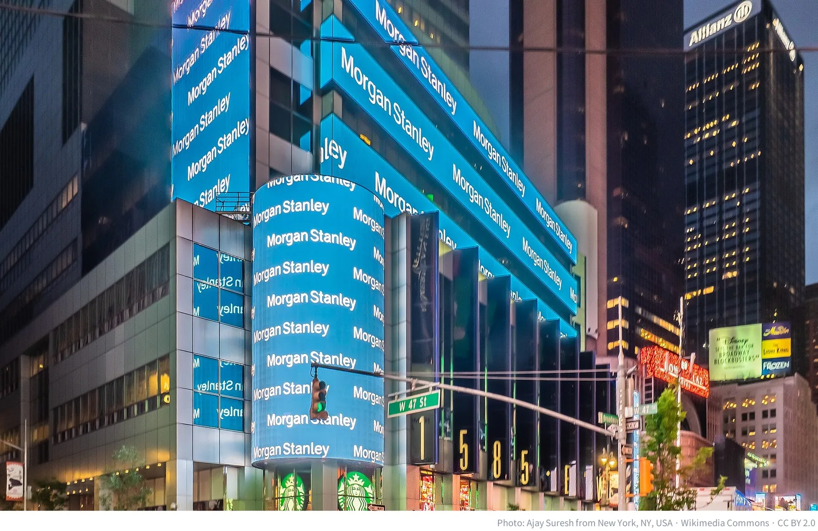 Morgan Stanley headquarters in Midtown Manhattan, New York, with the company name on its LED facade