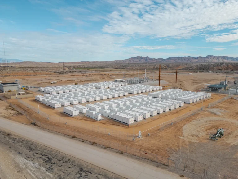 Rows of battery energy storage containers at the Reid Gardner Battery Energy Storage project near Moapa, Nevada
